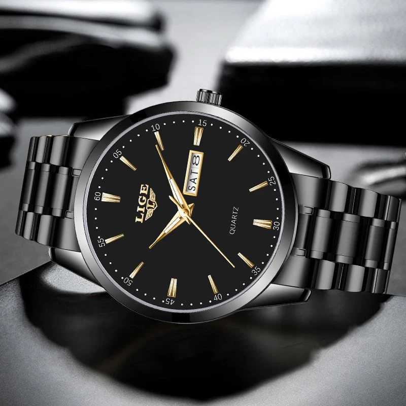 LIGE Luxury Retro Quartz Man Watch Fashion Simple Stainless Steel Waterproof Outdoor Sports Luminous Week Watches Male Reloj+Box