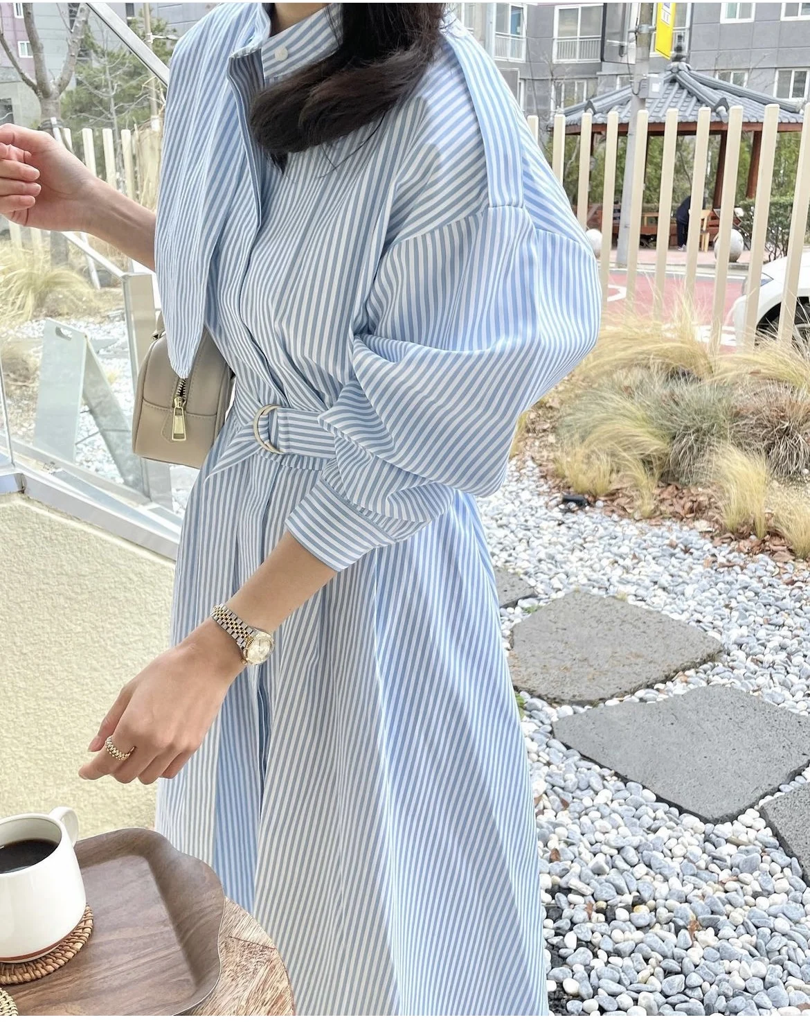 Korean New Spring Summer Women Long Striped Shirt Dress With Belt Three Quarter Stand COllar Slim A Line Office Casual Dresses