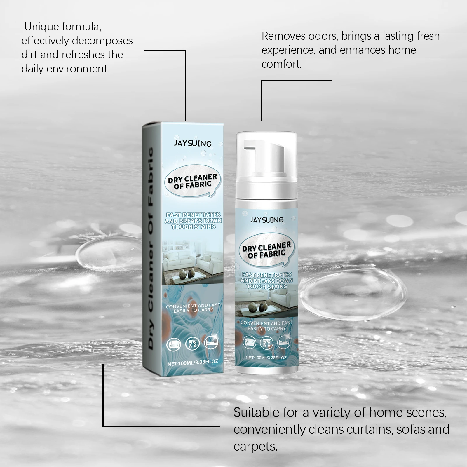 100ML Fabric Bubble Cleaner Fast Break Down Stubborn Stains Dissolve Dirts Remove Odors Water-free Mild Multipurpose Cleaner