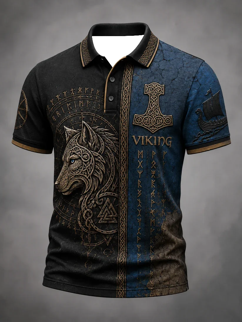 2027 Summer Best-selling Men's Retro Danish Viking Style 3D Printed Sports Breathable Quick-Drying Polo Shirt for Couples