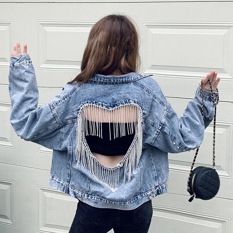 Jacketwomen's Denim New Stylewomen's Autumn New Spicy Girls Street Fashion Personalized Diamonds Handmade Splice Sexy Hollow Bac