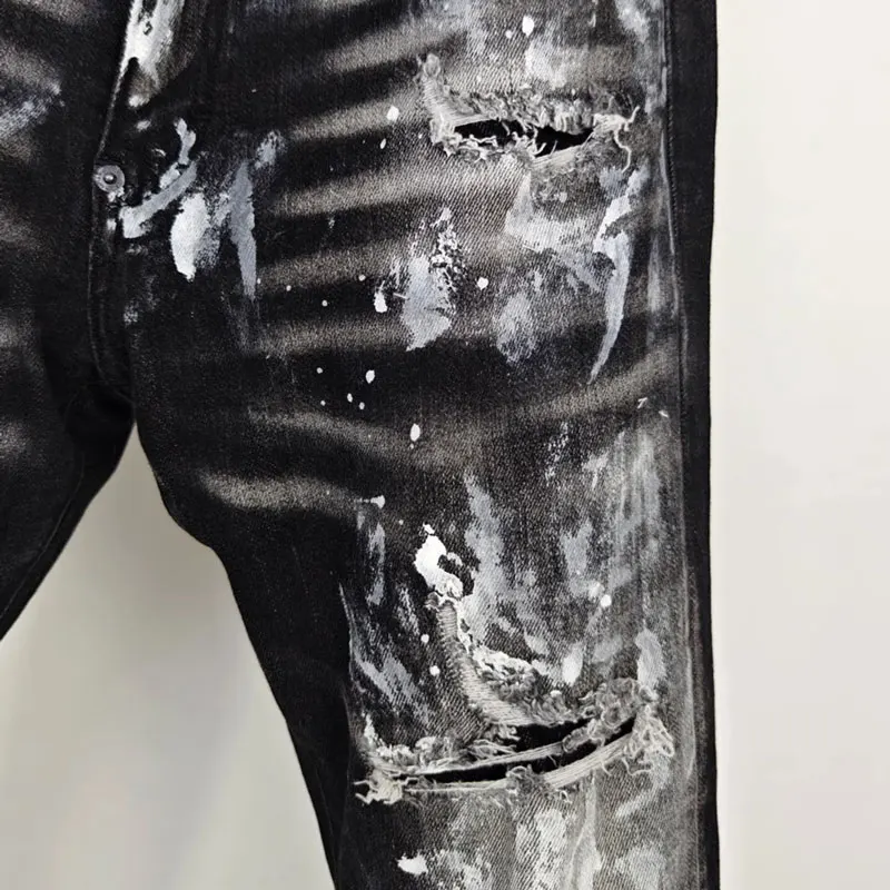 Street fashion men's black gray jeans, high-quality stretch slim fit painted corrugated jeans designer retro hip-hop brand pants