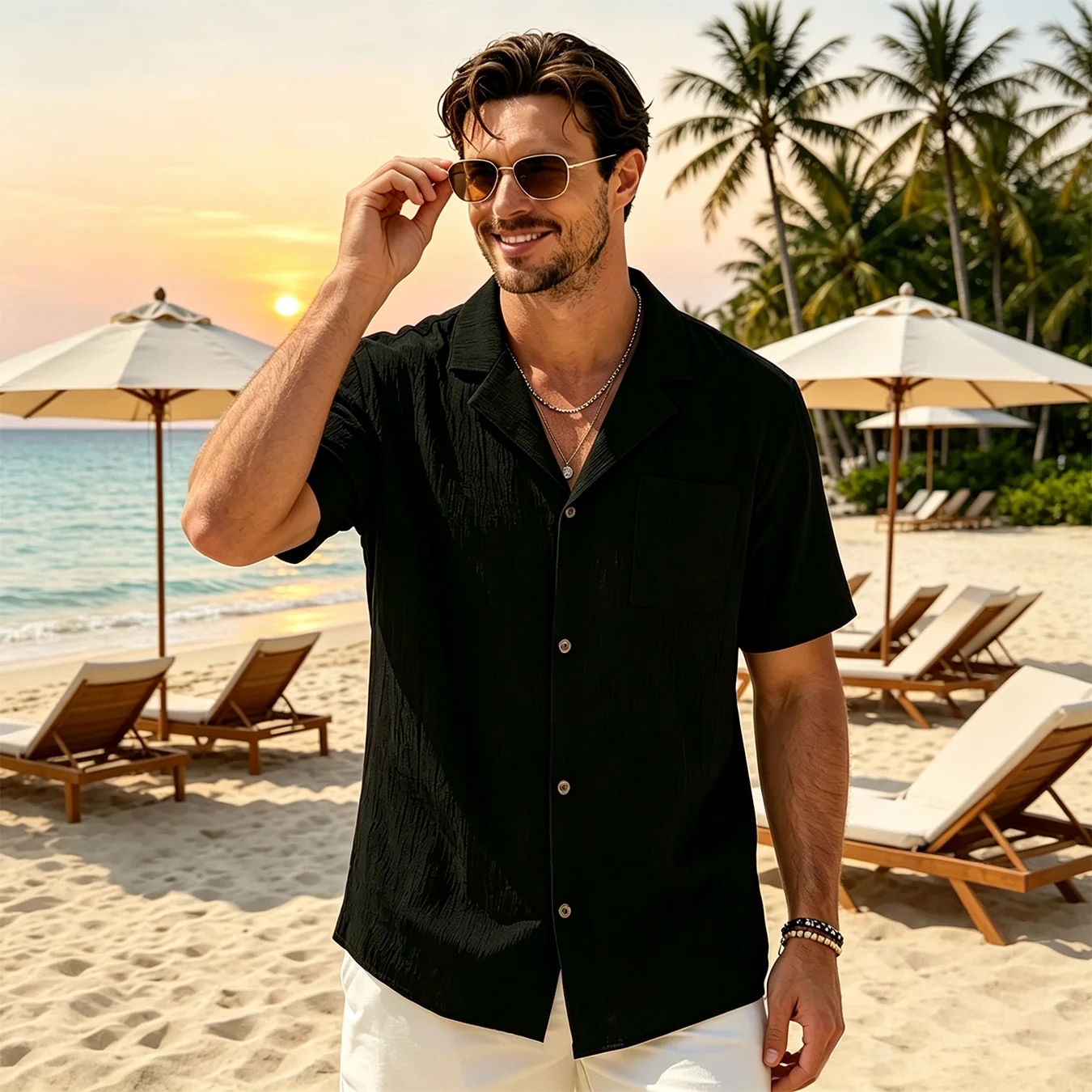 Men Wrinkled Textured Cuban Collar Short Sleeve Shirt Relaxed Fit Chest Pocket Lightweight Summer Beach Camping Casual Top