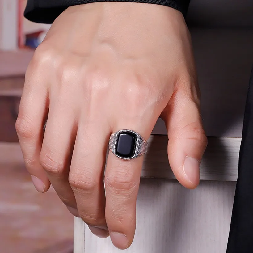 Retro vintage imitation black agate ring, men's trendy classic, wide face adjustable, personalized, trendy Thai silver single ri