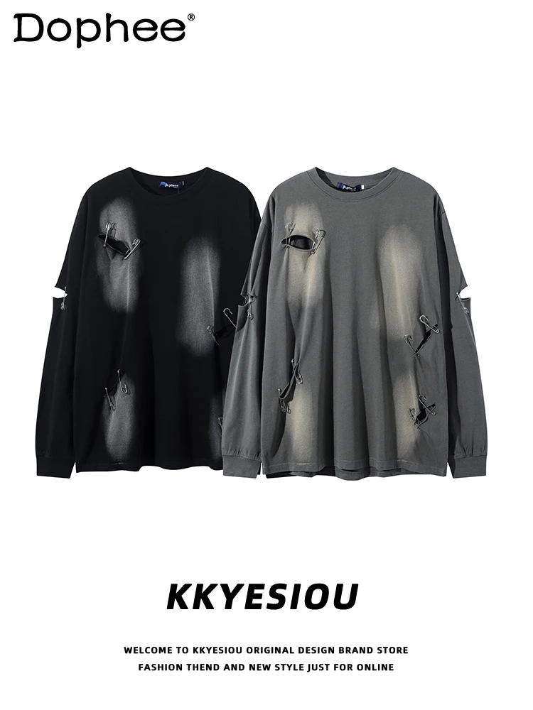 

2025 Autumn New American High Street Fashion Distressed Pin Couple Sweatshirt Unisex Crew Neck Loose Casual Long Sleeve T-Shirt