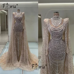 Luxury Dubai Beaded Pearl Evening Dresses Long Cape Sleeves Illusion Mermaid Champagne Wedding Dress vestidos de novia Bride