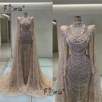 Luxus Dubai Perlen Perle Abendkleider lange Umhang Ärmel Illusion Meerjungfrau Champagner Brautkleid Vestidos de Novia Braut