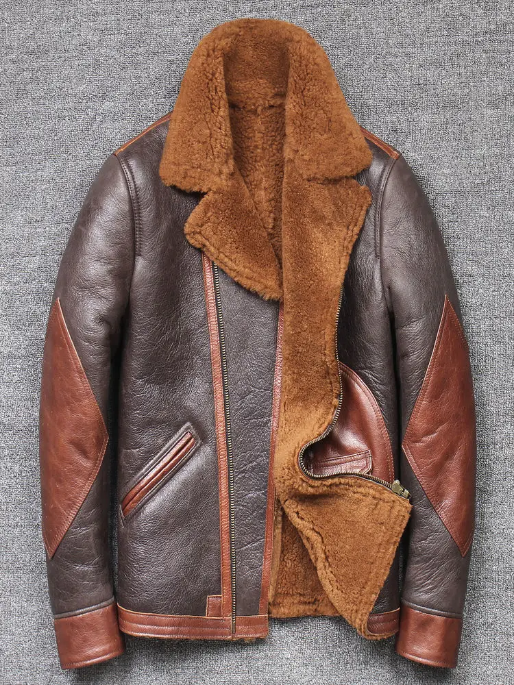 

DHL free shipping,Men's Vintage Genuine Leather Warm Jacket Shearling Sheepskin Motorcycle Winter Autumn Coat Plus Size