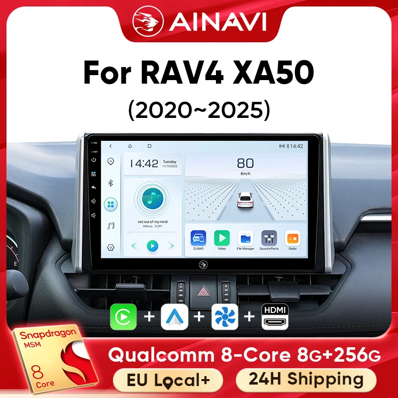 Ainavi Car Radio For Toyota RAV4 2020 2021 2022 2023 2024 2025 XA50 Wireless Carplay Android Auto Car Multimedia 4G Stereo 2 Din