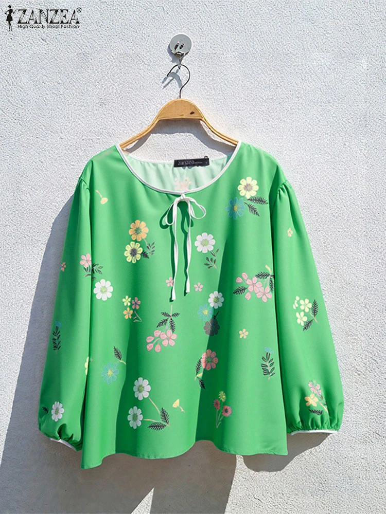 ZANZEA Women ashion Long Sleeve Blouse 2025 Autumn Puff Sleeve Floral Print Casual Shirts Tunic Tops Bandage Vintage Blusas
