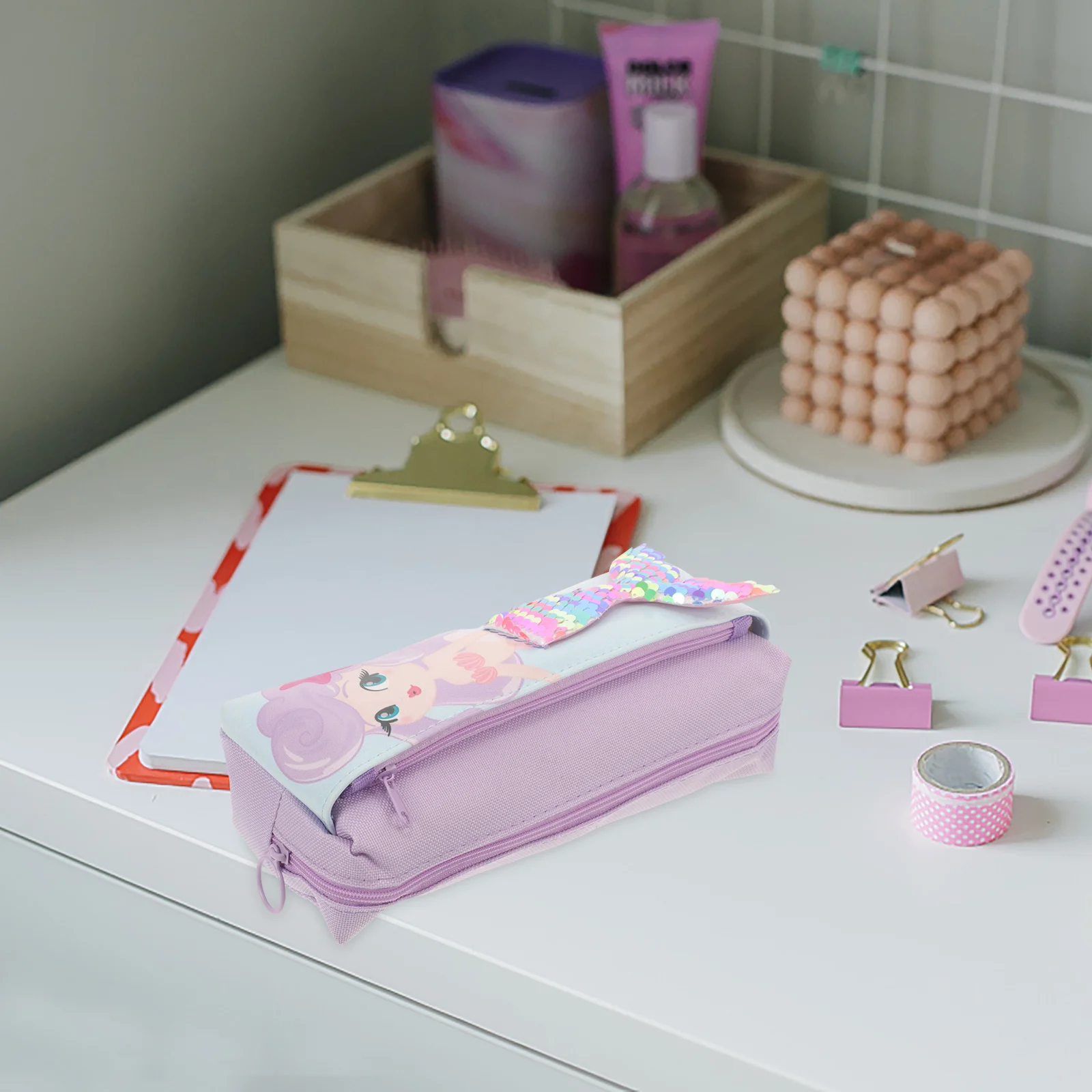 

Sequin Pencil Case Style Double Layer Oxford Cloth Pen Pouch For Girls Cute Mini Pencil Box Stationery Organizer