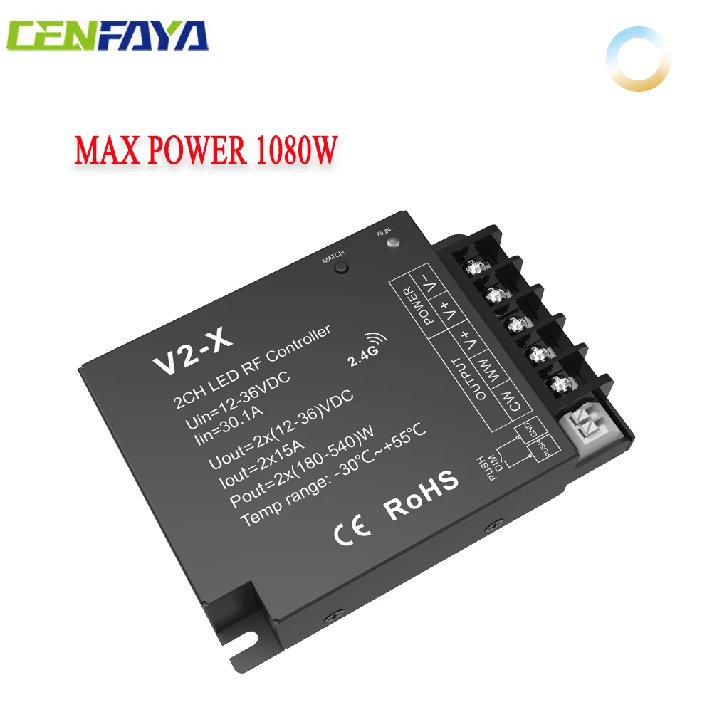CENFAYA High Power LED Strip Dimmer Independent 2 Channel Control CCT Dimmable Controller DC 12V-48V Max 768W for CCT LED Strip