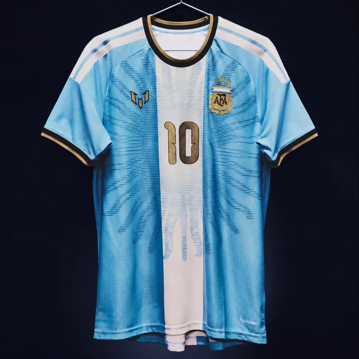 Argentina Messi 10 Football Jersey Mens Sky Blue White Short Sleeve Round Neck Soccer Shirt with Gold Details for Match Day