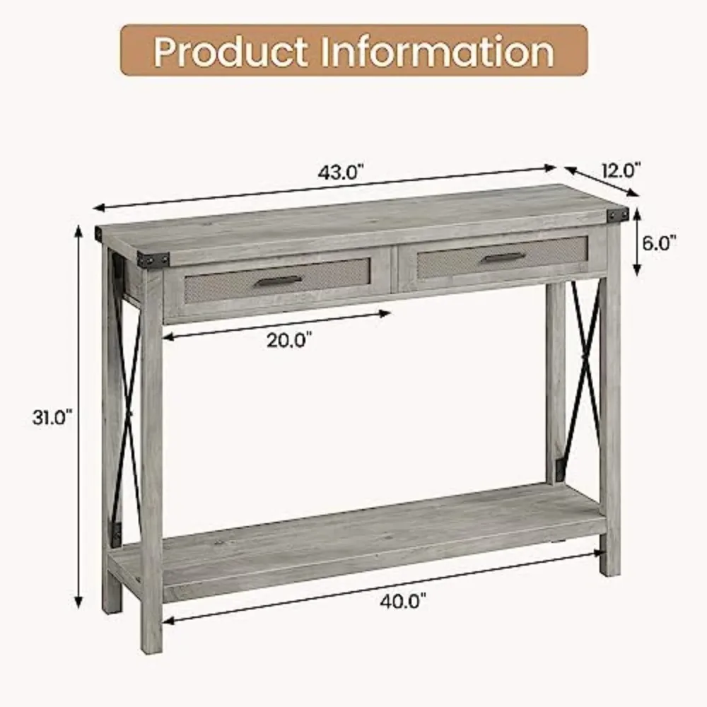 Farmhouse Entryway Table, Grey Console Table with Rattan Drawers, 43