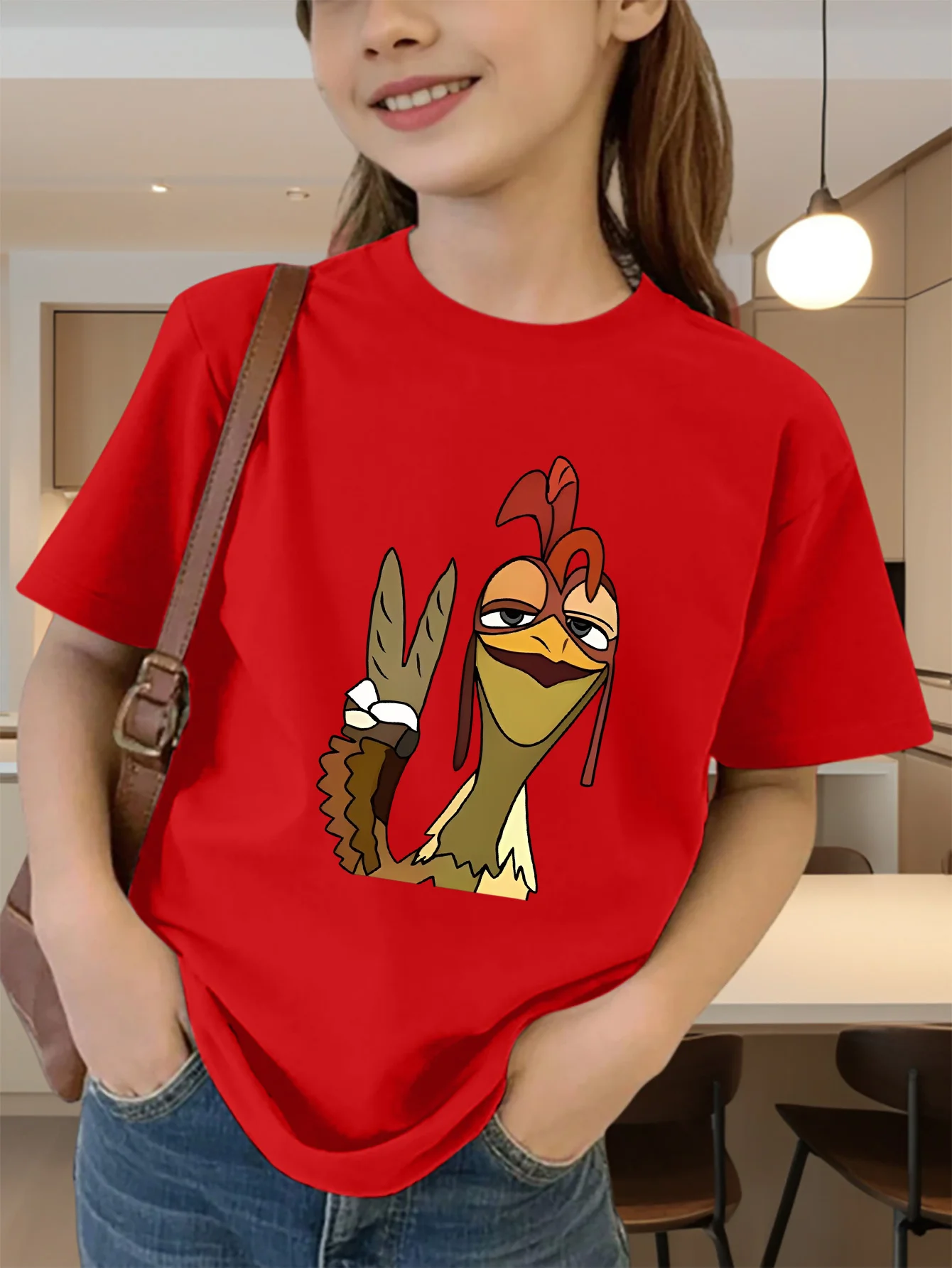 Cute Cartoon Chicken Peace Gesture Graphic Kids Tee Boys Girls Family Matching Cotton Crew Neck Short Sleeve Soft Summer Tee