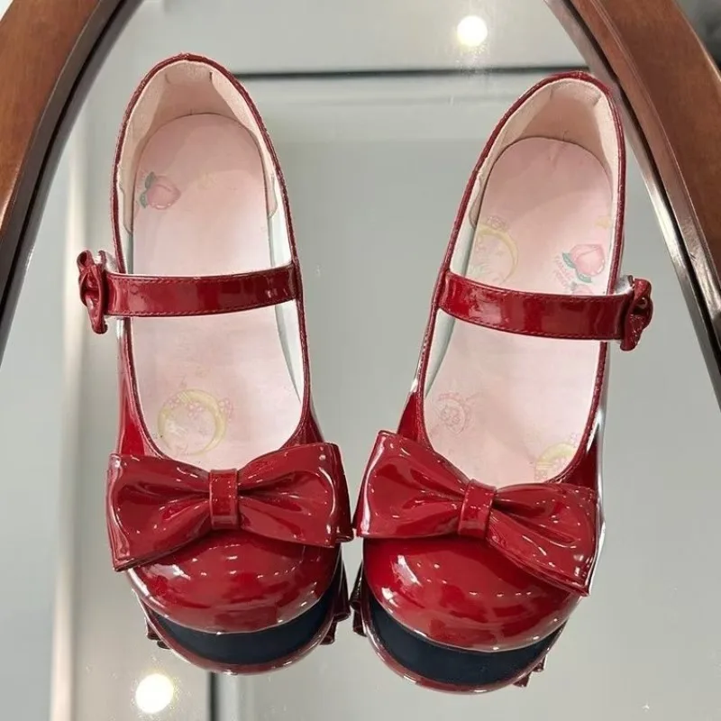 Women Sweet Pink Patent Leather Lolita Mary Jane Shoes Big Bow Decor Platform Block Heel One‑Strap Buckle Cosplay Party