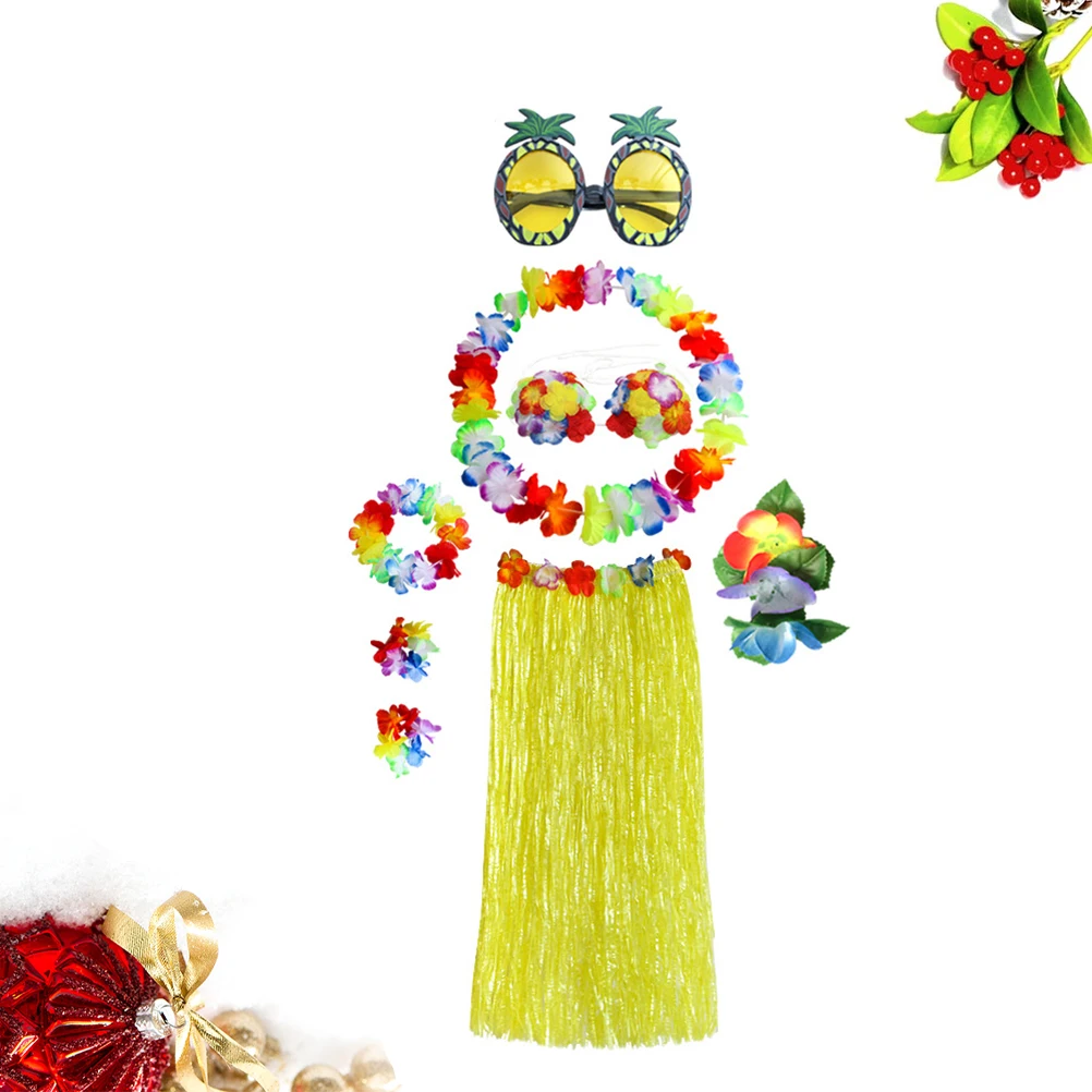 

8 PCS Dance Costume Hawaii Grass Skirt Flower Accessories Tropical Hawaiian Fancy Dress for Girls Party Outfit