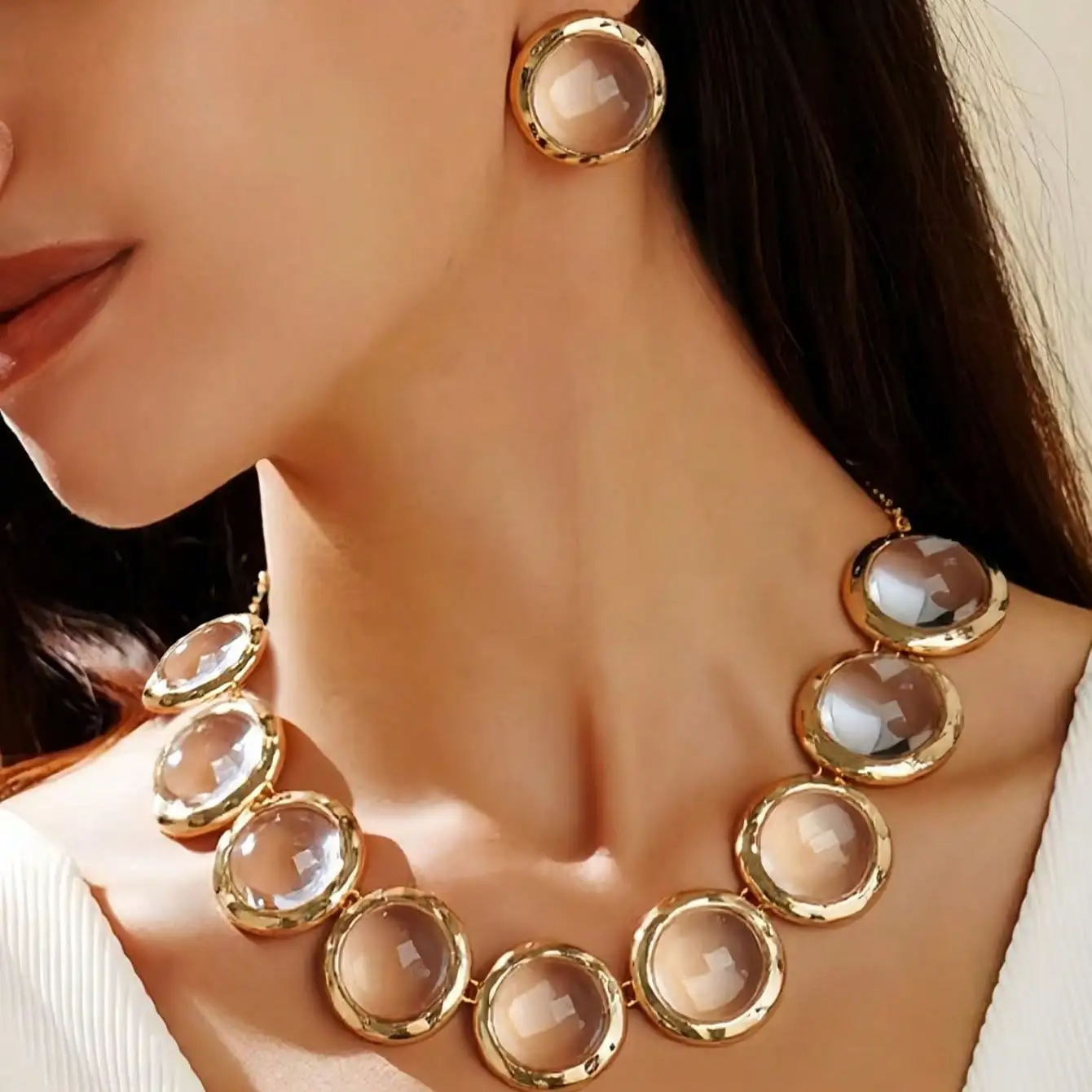 

Geometric Acrylic Embedded Metal Style Necklace And Earring Set Transparent round Shapes Jewelry Kit