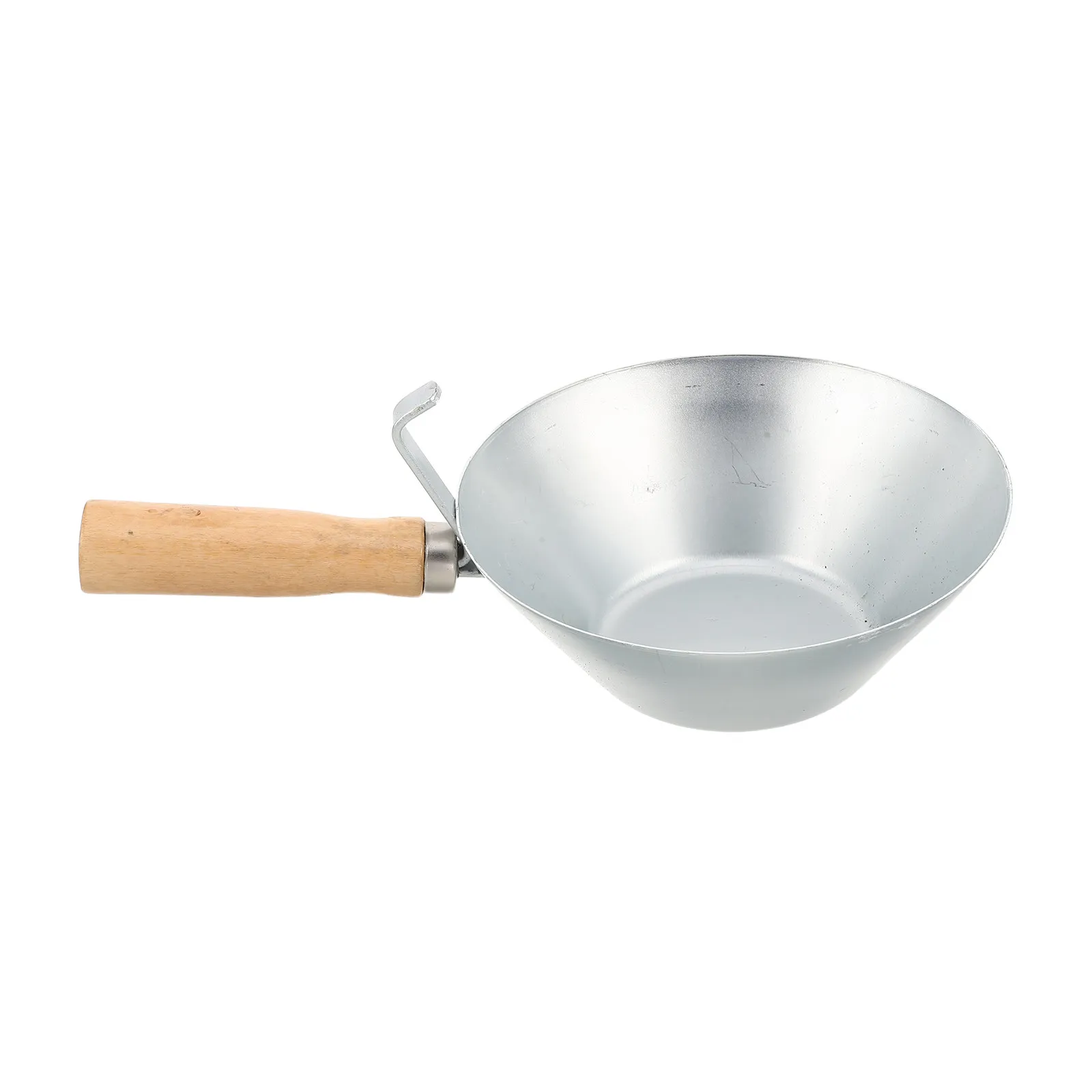 Stainless Steel Cement Scoop Wooden Handle 7.1 Inch Round Mud Pan Bucket for Masonry Mixing Mortar Plastering Construction Tools