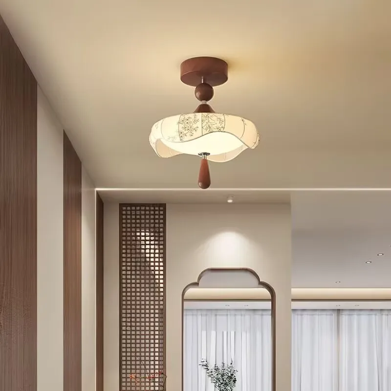 New style flower ceiling lamp, Song Dynasty elegant balcony lamp, ancient style printed fabric bedroom lamp