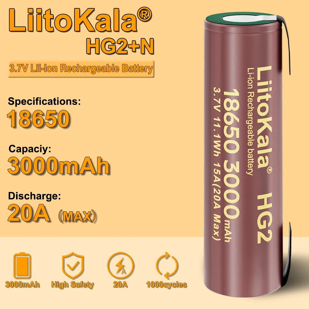 Batterie LiitoKala HG2 18650 3000mAh 3.6V à décharge 20A haute puissance +DIY Nicke (1 à 10 pièces)