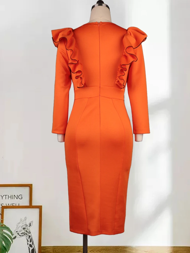 ONTINVA Plus Size Dresses Women Orange V Neck Long Sleeve Ruffles High Waist Bodycon Elegant Ladies Evening Event Party Gowns