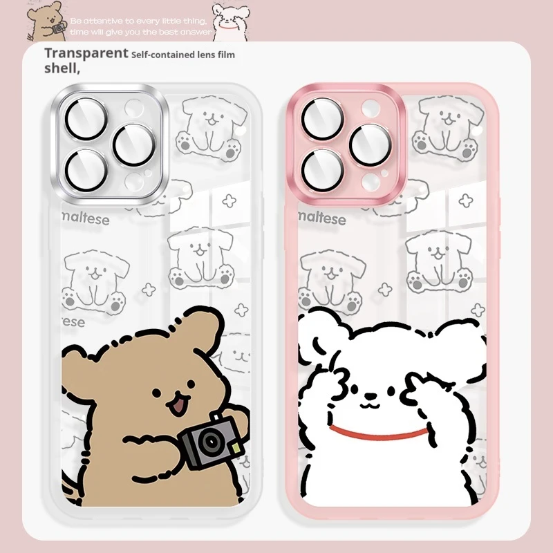 New Kawaii Funny Animal Dog Couple Phone Case For Iphone 16 15 Pro Max Plus Shockproof Soft Cover Paired Fundas Skin Girls