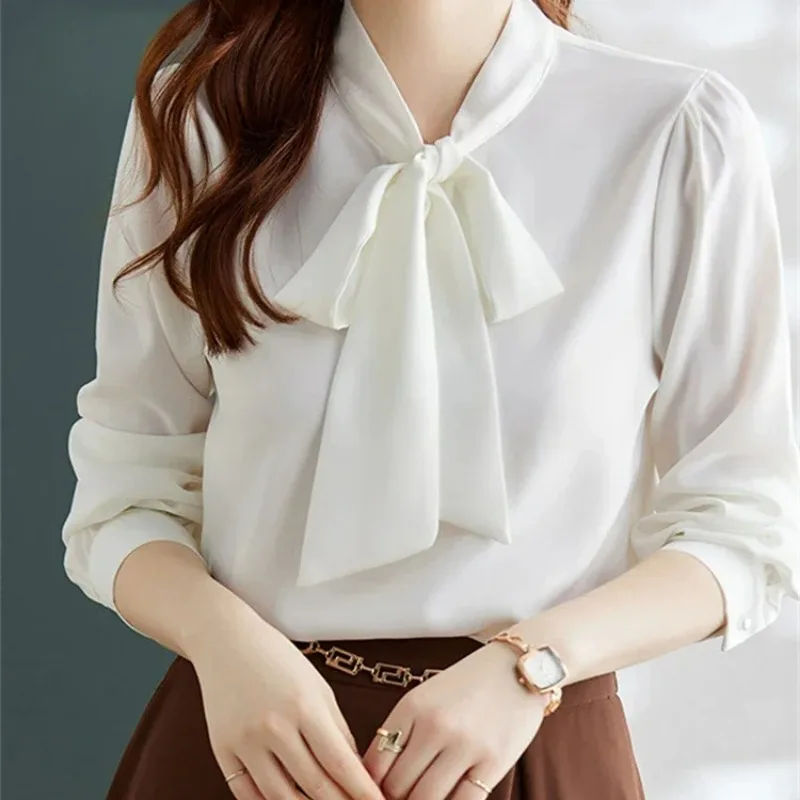 New 2024 Lace Up Blouse for Women New Fashion Office Ladies Long Sleeve Tops Vintage Casual Pullover Slim Cozy Chic Shirts