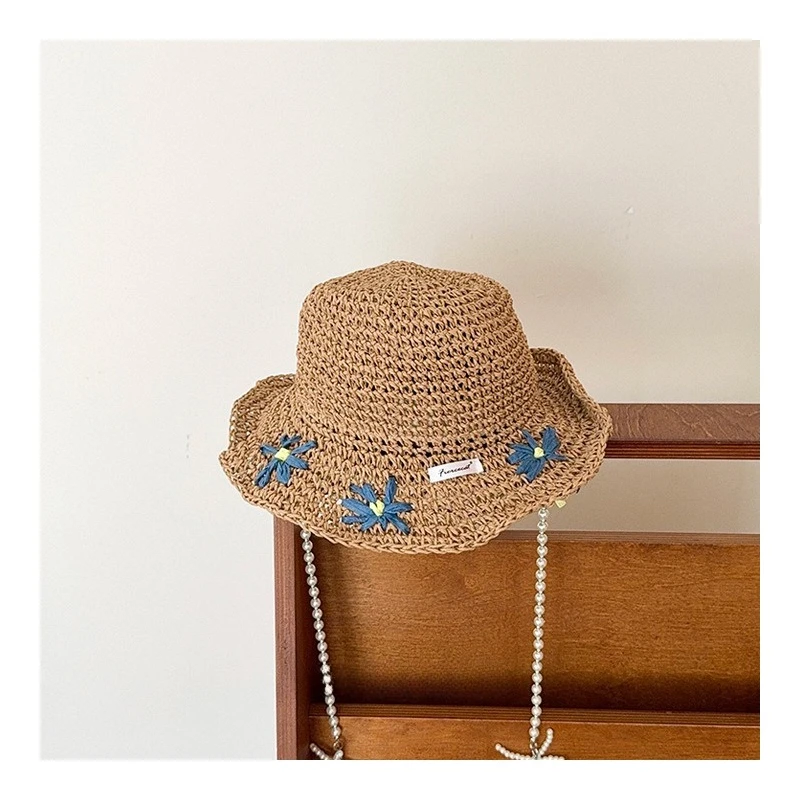 Sommerlicher, gewebter Strohhut mit Perlenkette und Blume, UV-Schutz, Eltern-Kind-Sonnenhut für Damen, Strandurlaub, Alltagskleidung – Detail 13