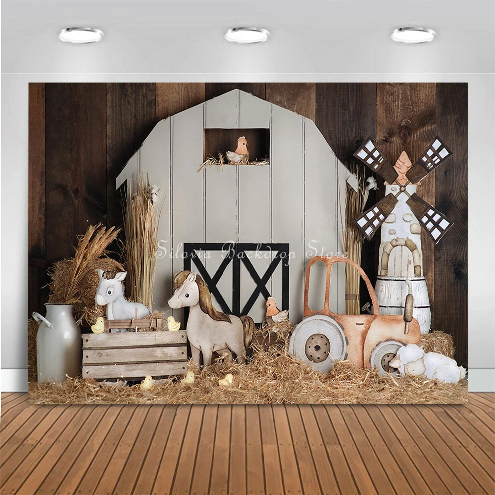 White Barn Farm Photography Backdrop Children Birthday Cake Smash Photo Background Cow and Sheep Windmill Photo Studio Props