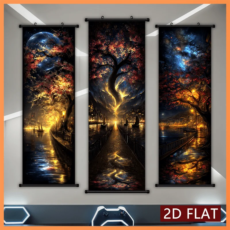 VIKAMA Fantasy Night Harbor Red Maple Moonlit Cityscape 3 Piece Wall Scroll Tapestry Set Wall Art Decor for Living Room Bedroom