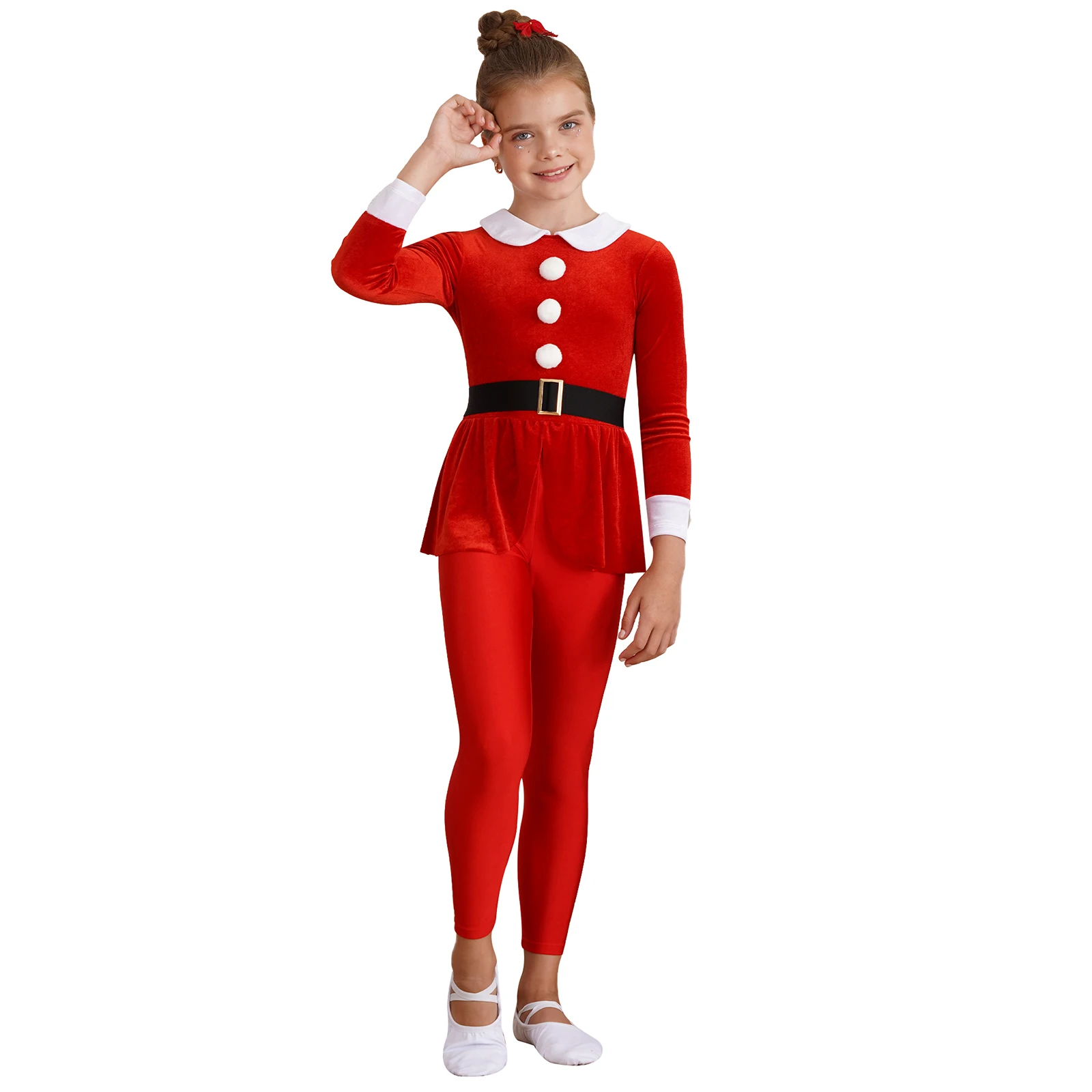 Kids Girls Christmas Santa Costume One Piece Long Sleeve Pompom Peplum Dance Jumpsuit for Xmas Elf Cosplay Party Dress Up