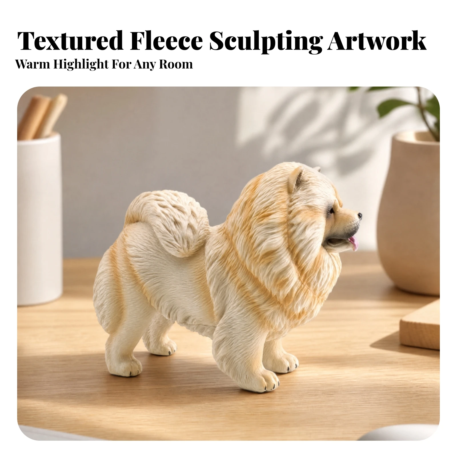 Sculpted Coat-Texture Dog Model Wipe-Clean Chow Chow Statue Decor Ornament Collectible for Children, Desk Display, Playroom