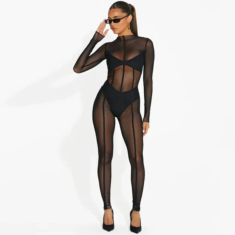 Sexy Transparent Mesh Jumpsuit For Women O-Neck Long Sleeve Bodycon Jumpsuit See Through Bodysuit Nightclub