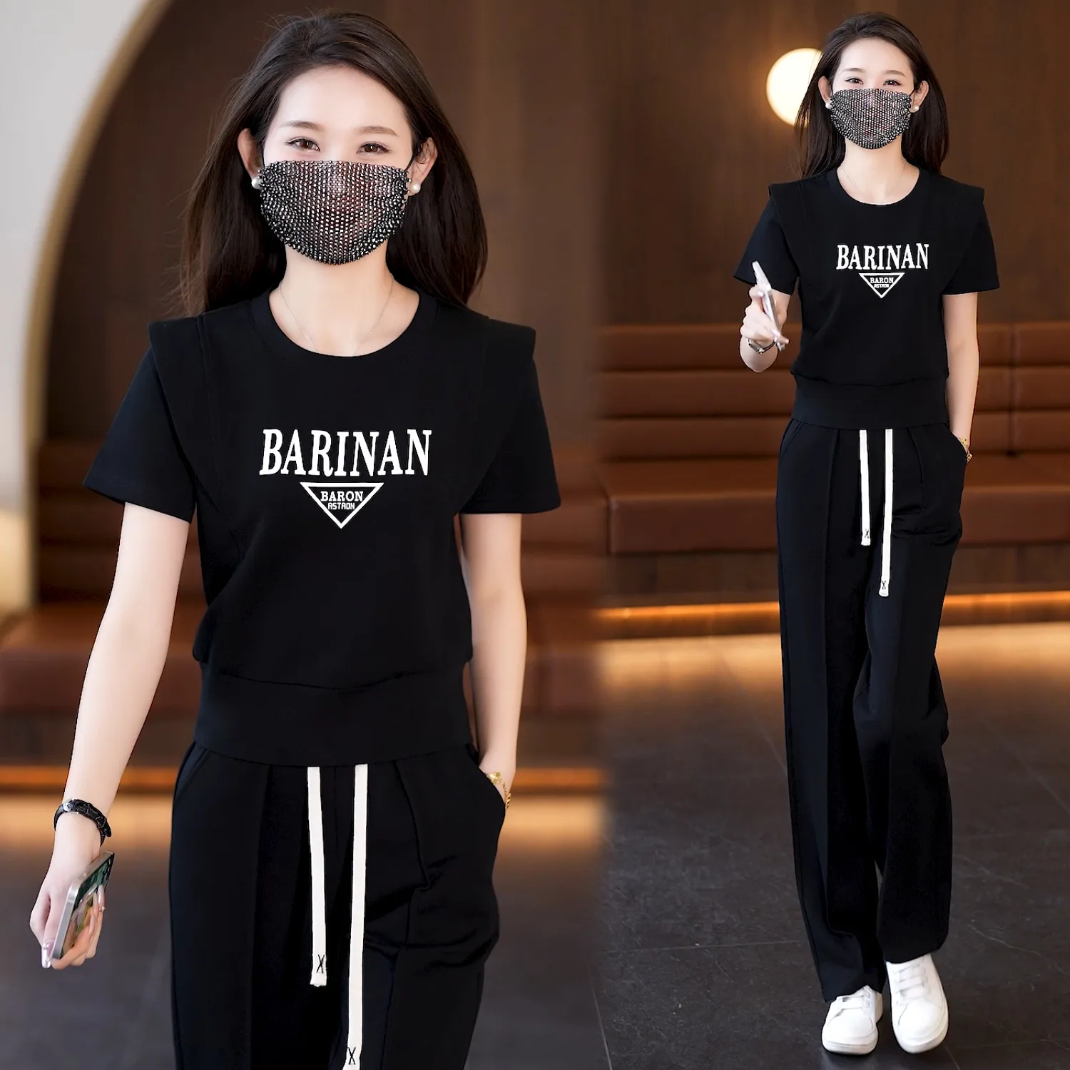 Loose Casual Round Neck Short-sleeved Straight Pants Two-piece Set Women's 2024 Summer New Versatile Age-reducing Sportswear Set