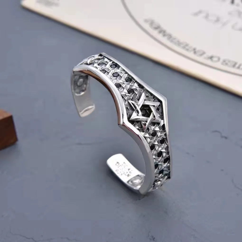 European and American hip-hop 925 sterling silver bracelet men's trendy retro bracelet with six pointed star opening design birt