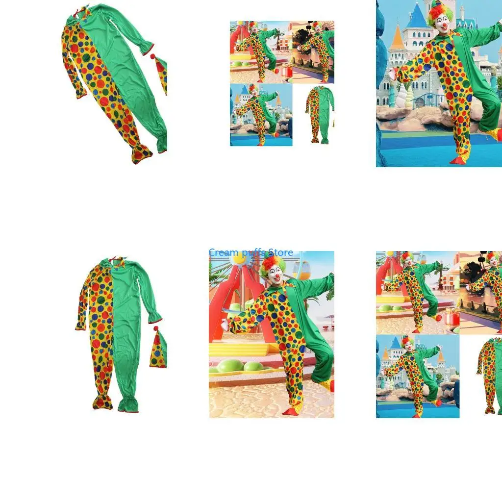 50LE Clown Roleplay Cosplay Costume Outfit Halloween Clown Dress Up Set Clown Jumpsuit Clown Hat and Clown Jumpsuit