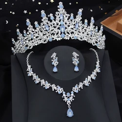 Luxury Silver Color Opal Water Drop Crown Bridal Jewelry Sets Rhinestone Tiaras and Necklace Earrings Wedding Dress Jewelry Set