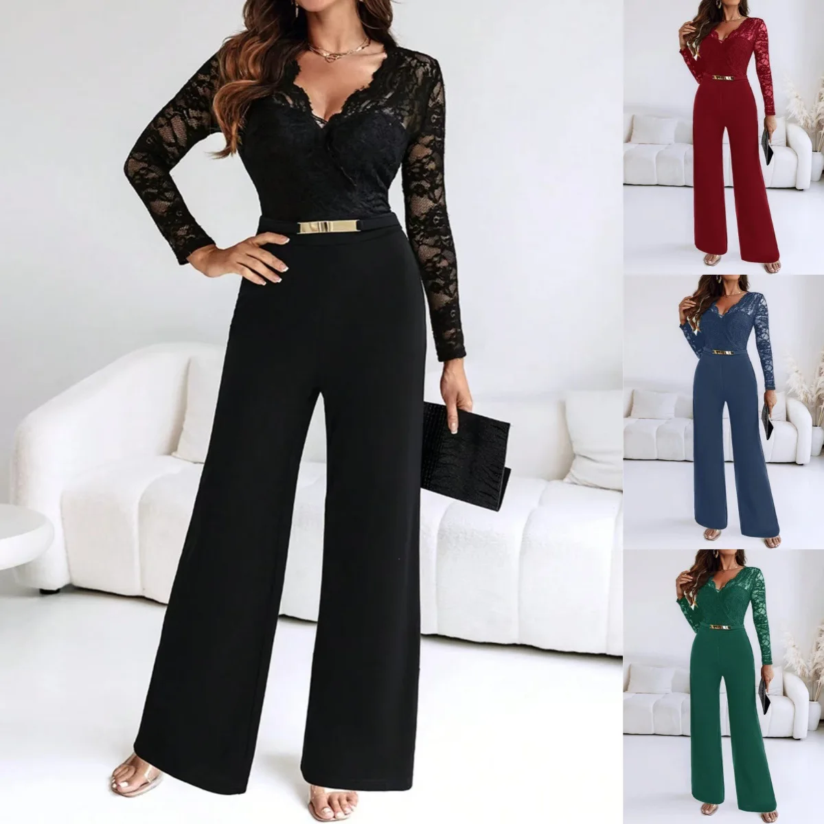 Elegant Lace Long Sleeve Onesie Wide Leg Pants Women's Autumn Winter New