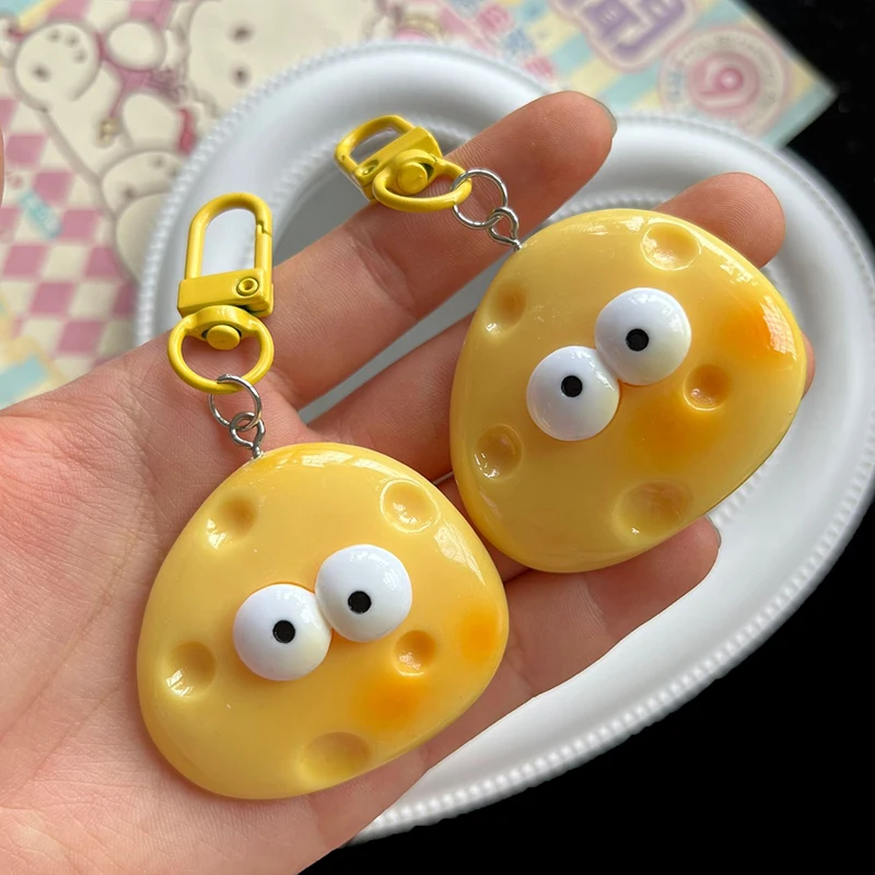 Cute Large Eyes Cheese Cheese Keychain Cream Yellow Soft Cute School Bag Pendant Girl Mood Couple Best Friend Gift