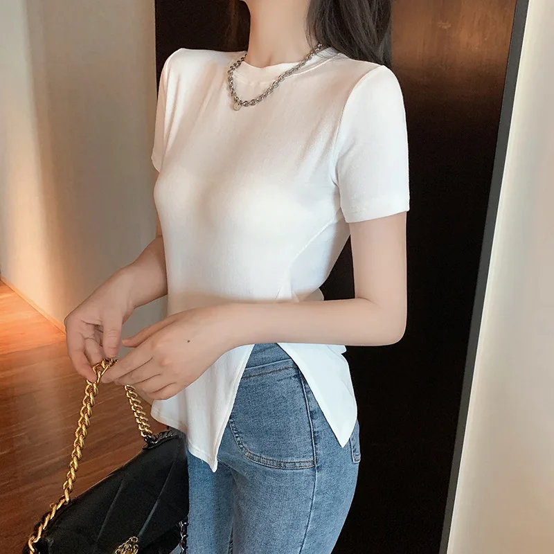 Summer Korean Fashion Y2K T-shirt Woman Split Sexy Crop Top Women Slim Skinny Short Sleeve Tee Shirt Femme Kpop Clothes Tops