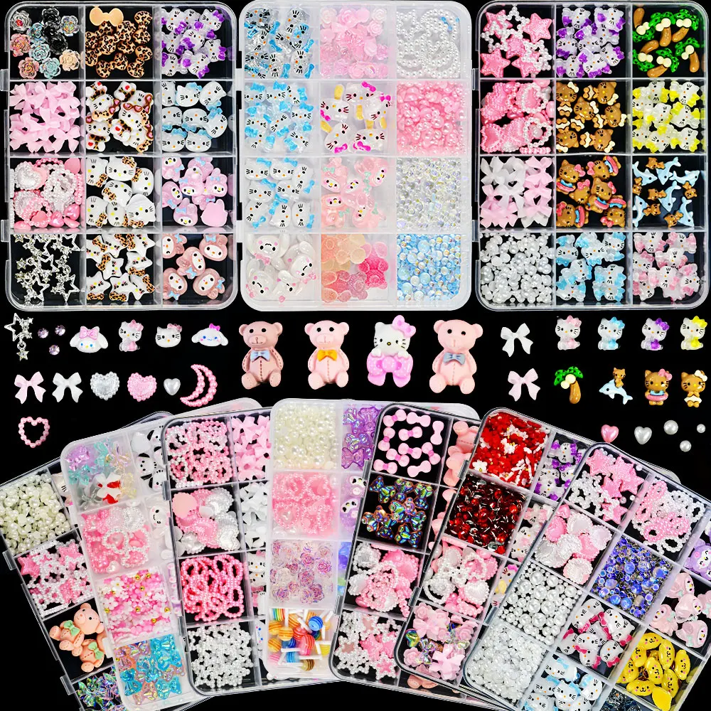 12 Girds/กล่อง Sanrioed Hello Kitty เล็บ Art Rhinestone Kawaii Kuromi เล็บ Charms ชุด DIY เครื่องประดับตกแต่งเล็บ DIY เล็บ Part