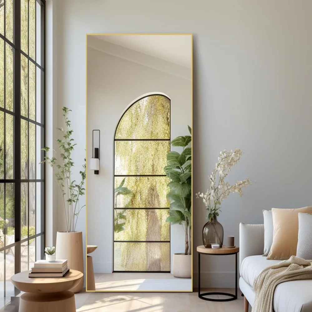 Espelho grande de corpo inteiro com suporte, 26 x 71, retângulo dourado grande, ideal para parede do quarto e vestiário