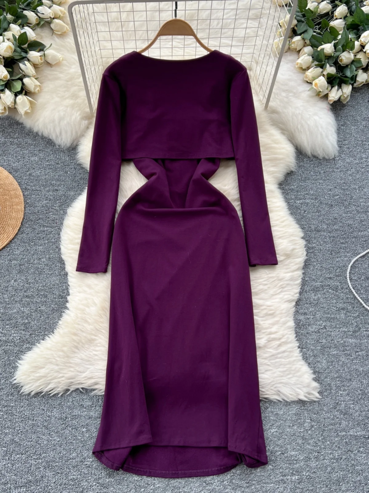 Rose Flower Waist-Cinching Dr + ort Sve Long Coat Two-Piece Set Ele Ladylike Sle for Young Women 8-25 Years Old