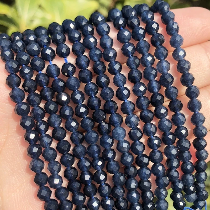 Natürlicher blauer Saphir, rund, facettiert, lose Spacer, winzige Perlen, DIY-Armband, Ohrring, Charms für die Schmuckherstellung, 38,1 cm, 2/3/4 mm