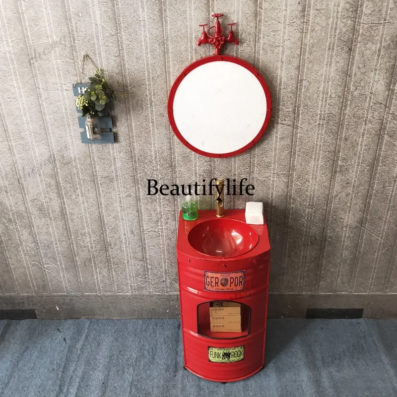 B567 Wrought iron retro industrial air oil drum wash basin integrated floor locker column basin personality