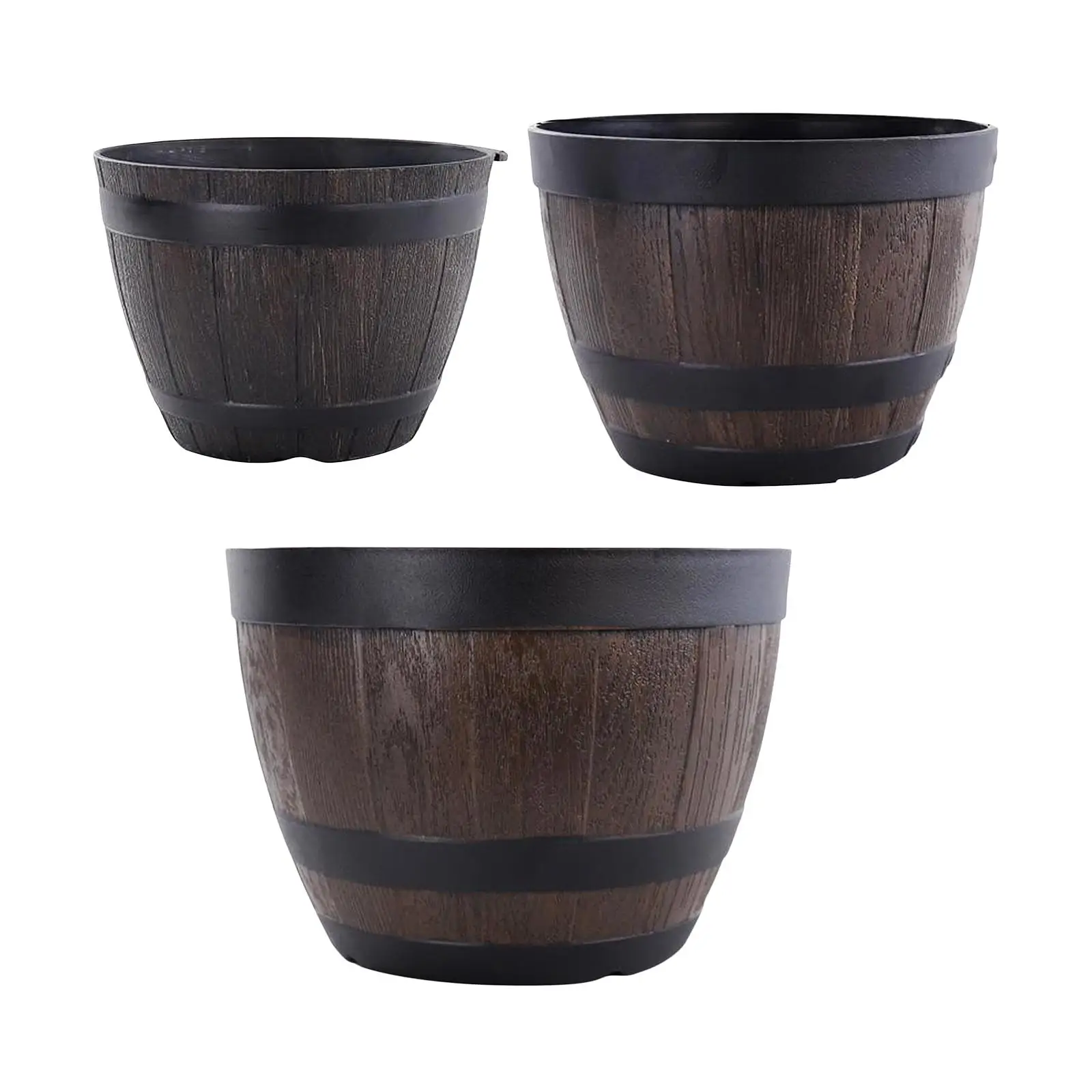 Resin Barrel Planter Round Garden Flower Pot Decor Plant Container Brown 3 Sizes