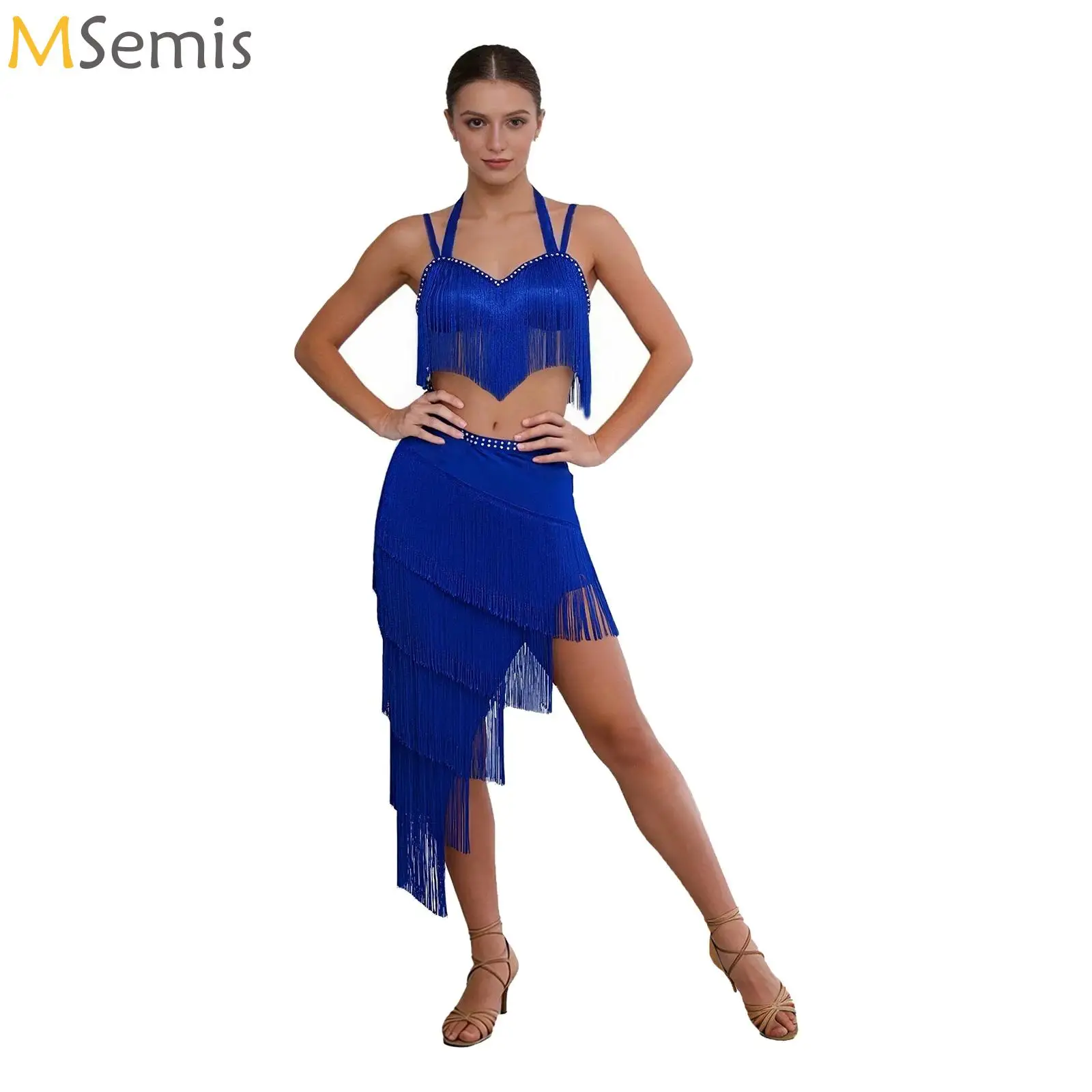 

Womens Latin Tango Fringed Dance Outfit Halter Sleeveless Camisole and Tiered Tassel Skirt for Belly Dance Cha-cha Rumba Proms
