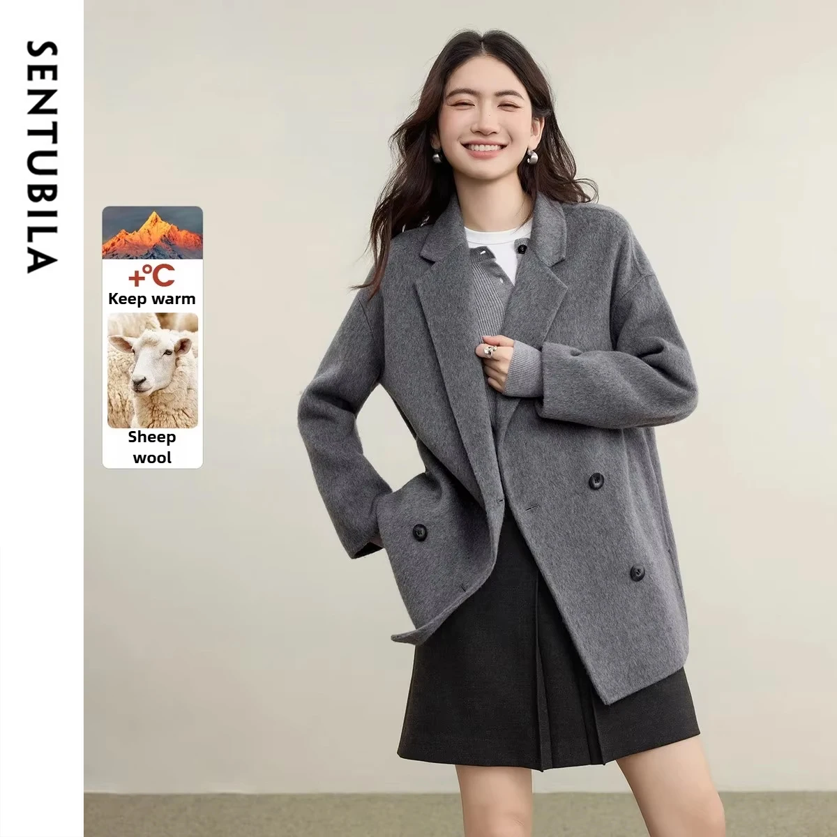 

SENTUBILA Double-faced Woolen Coat for Women Winter 2025 New Warm Coats Double Breasted Long Loose Fit Coats Female W54OA2039