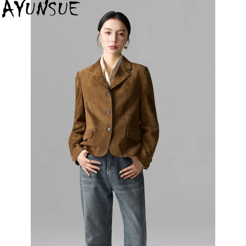 AYUNSUE Real Leather Jacket Woman Autumn Retro Suede Sheepskin Jackets for Woman 2026 Short Luxury Outerwear Woman Clothes 가죽자켓